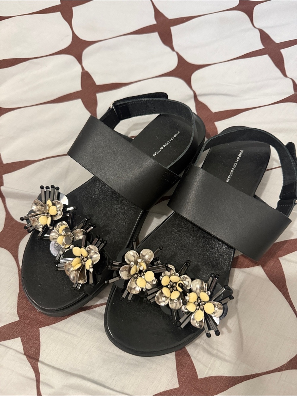 French Connection Black Slide Sandals with Yellow Floral Bead Accents
